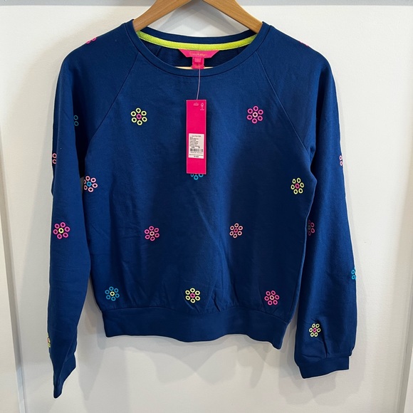 Lilly Pulitzer Landyn Sweatshirt Blue Embroidered Floral Athleisure Boho XS NWT - Picture 2 of 4